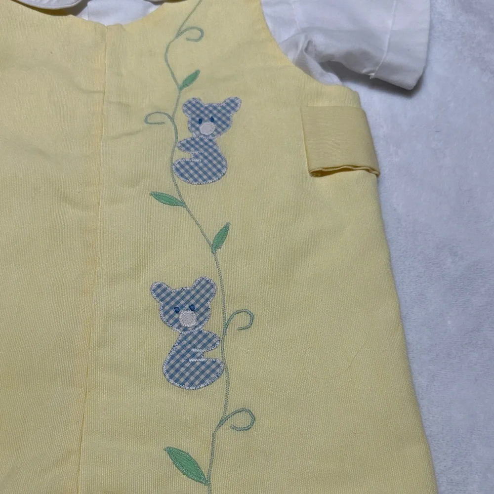 Vintage Kelly’s Kids yellow romper with blue gingham bear embroidery 18/24m
